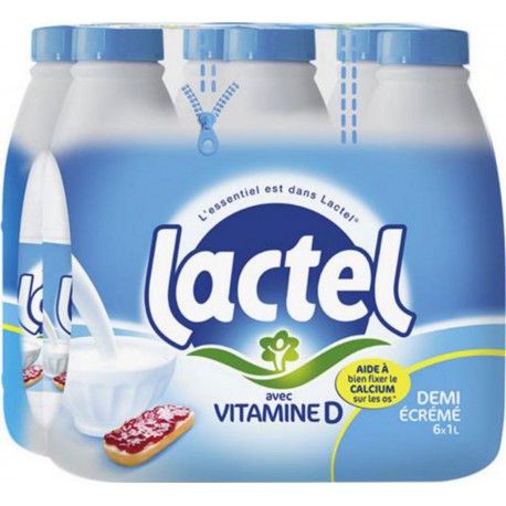 Lait Lactel Vitamine D demi-écrémé 1L (lot de 6 packs de 6 soit 36 bouteilles)