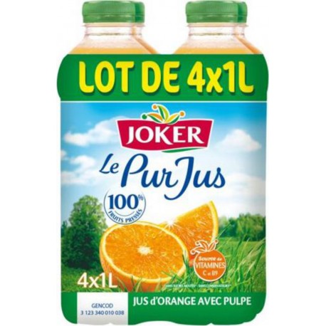 JOKER PUR JUS ORANGE 1L sans pulpe (pack de 4 bouteilles)